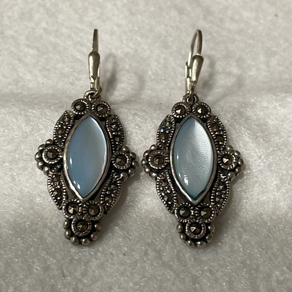 925 Silver Art Deco Style Marcasite
& Blue Mother of Pearl Lever-back Earrings